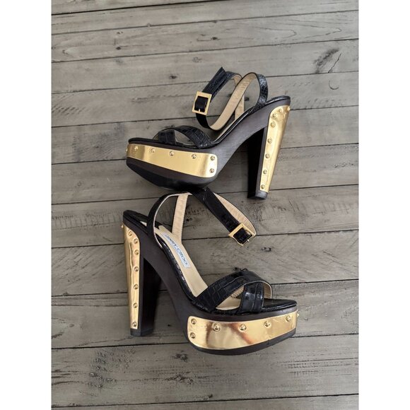 Jimmy Choo Black Croc Embossed Ultimate Wooden Ankle Strap Platform Heels 38.5 - Picture 2 of 12